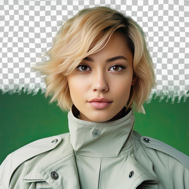 PSD una giovane donna adulta ribelle con i capelli biondi di etnia asiatica vestita con abiti di scienziato ambientale posa in uno stile close up of eyes su uno sfondo verde pastello