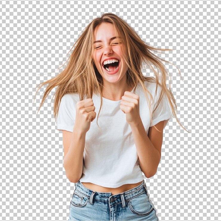 PSD una giovane donna che ride con gioia facendo un gesto vincente indossando una maglietta e jeans con i capelli che scorrono su uno sfondo bianco