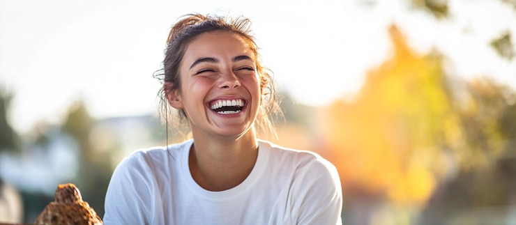 PSD una giovane donna felice che ride all'aperto alla luce del sole
