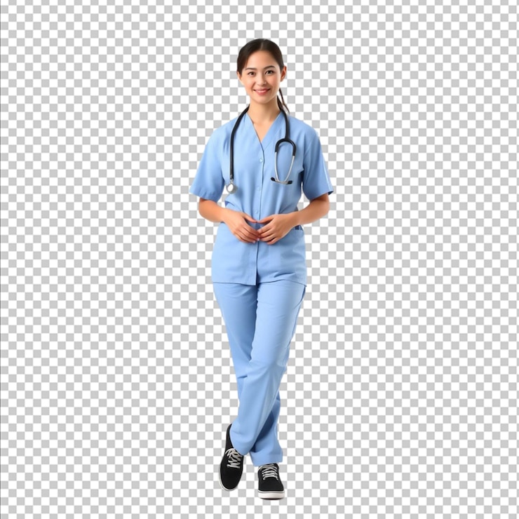 PSD una giovane dottoressa in uniforme in piedi con le gambe incrociate e le mani sulla vita isolata su uno sfondo bianco