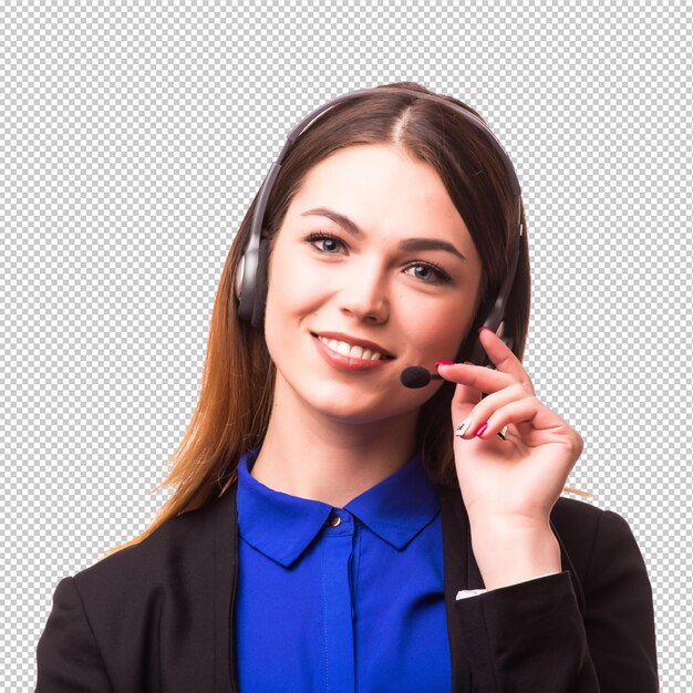 Una giovane ragazza sorridente del servizio clienti con un auricolare sul posto di lavoro