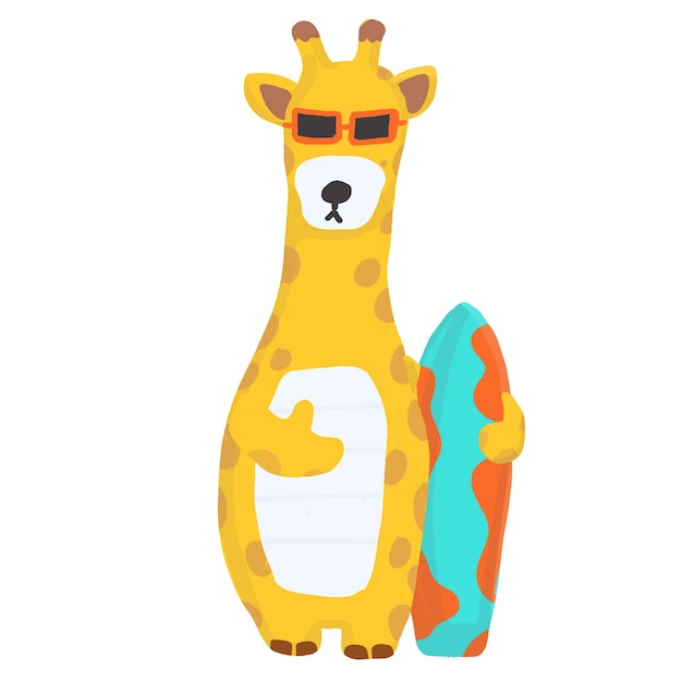Una giraffa allegra con gli occhiali da sole tiene una tavola da surf che incarna un'atmosfera di spiaggia divertente