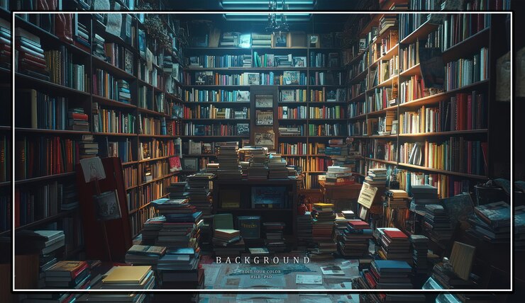 PSD una grande biblioteca ben riempita di scaffali, tavoli e pile di libri