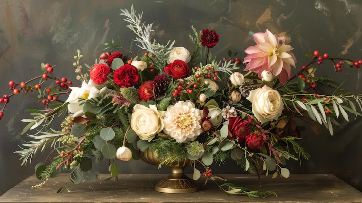 PSD una grande disposizione floreale lussureggiante in un vaso d'oro con una varietà di fiori rossi, rosa e bianchi tra cui rose, ranunculus, dahlia e bacche