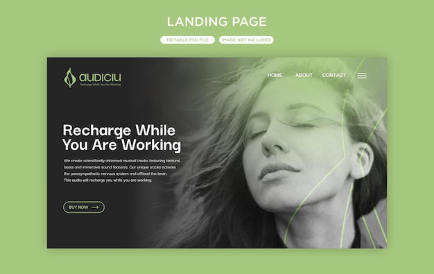 Una landing page con sfondo verde e volto di donna in basso.