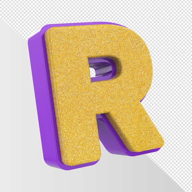 Una lettera r glitter viola e gialla con sfondo oro.