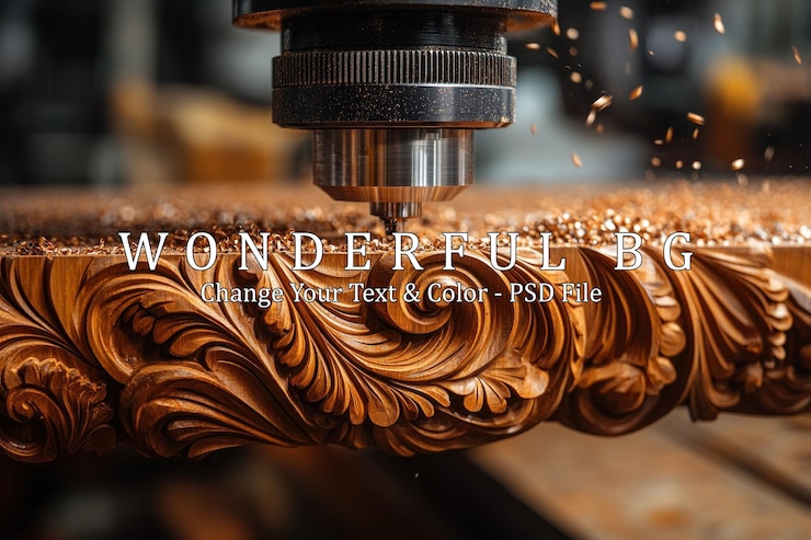PSD una macchina cnc scolpisce un disegno intricato su una superficie di legno creando segatura