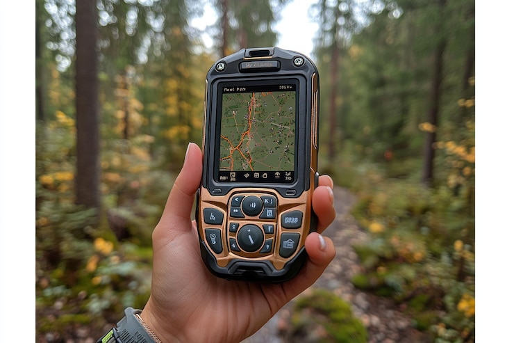 PSD una mano che tiene un dispositivo gps in una foresta che mostra una mappa sullo schermo