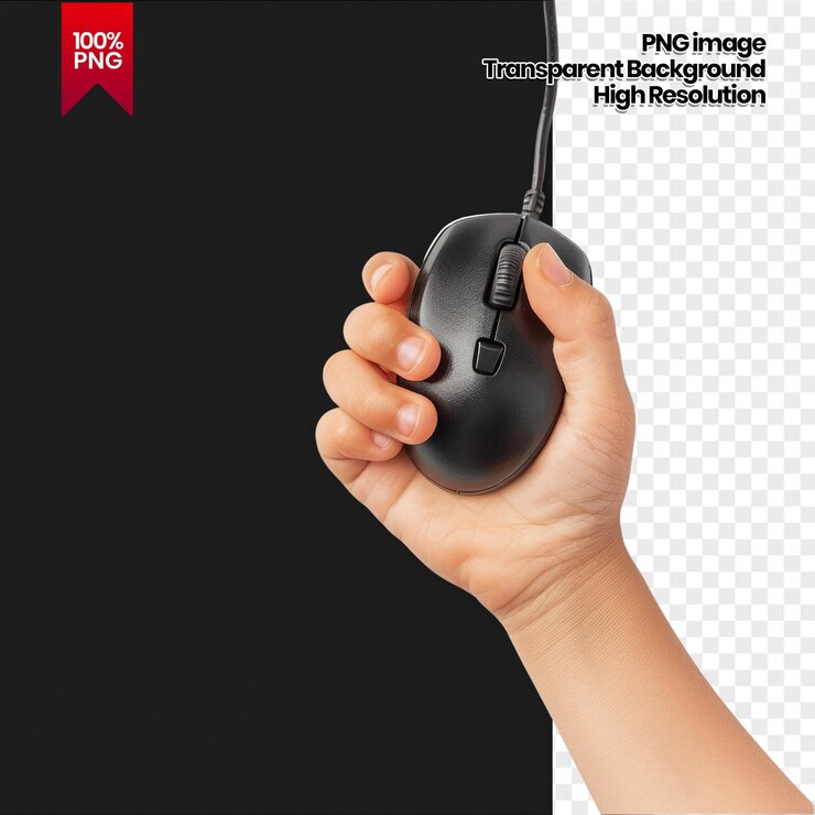 PSD una mano che tiene un mouse computer nero su uno sfondo trasparente