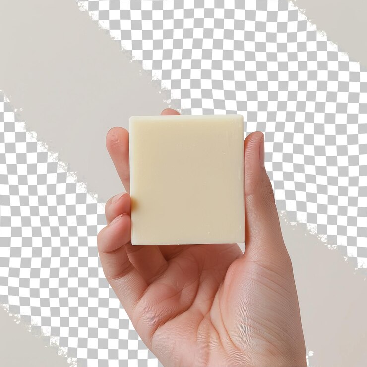 PSD una mano che tiene un pezzo di formaggio di forma quadrata