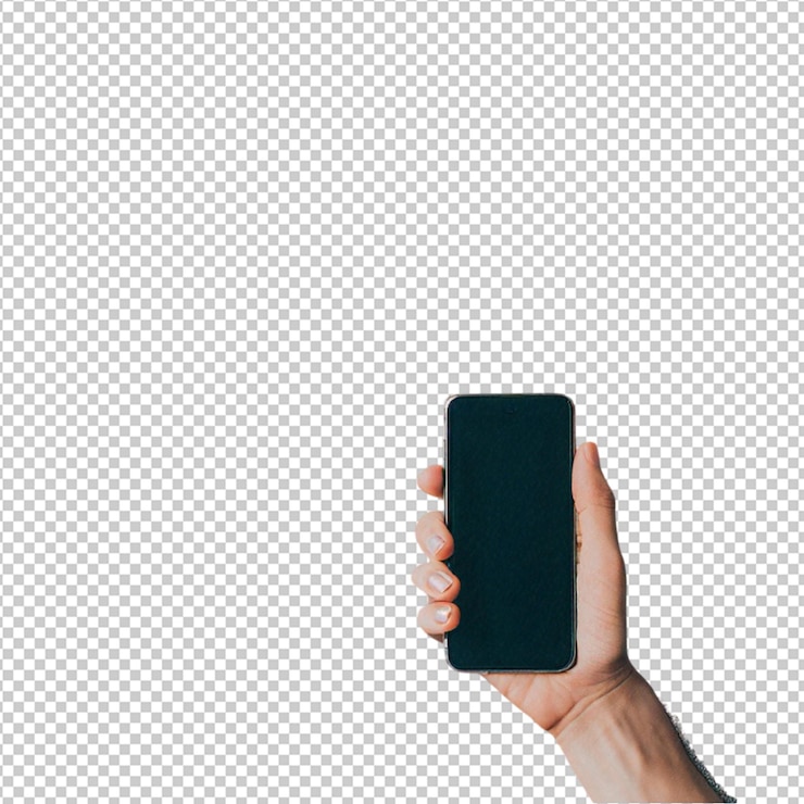 PSD una mano che tiene un telefono nero che è su uno sfondo bianco
