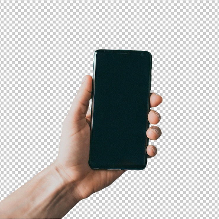 PSD una mano che tiene un telefono nero con uno sfondo bianco con uno schermo nero