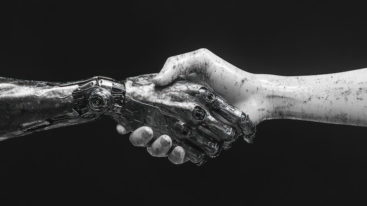 PSD una mano robotica e una mano umana che si stringono la mano in un gesto di cooperazione e collaborazione che simboleggia il futuro della tecnologia e dell'umanità che lavorano insieme