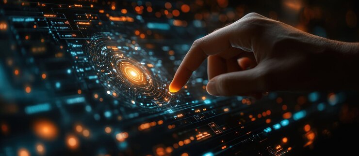 PSD una mano si estende e tocca una sfera luminosa su un'interfaccia futuristica