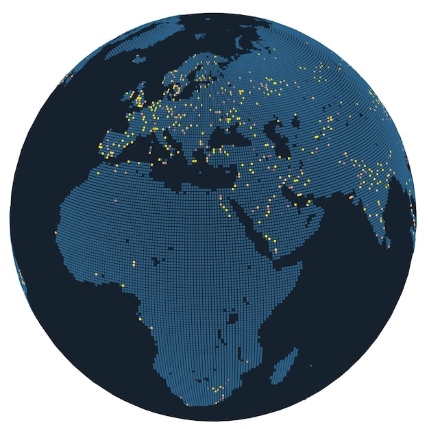 Una mappa rotonda dell'Europa e dell'Africa con le grandi città evidenziate nel rendering 3d a punti stilizzati