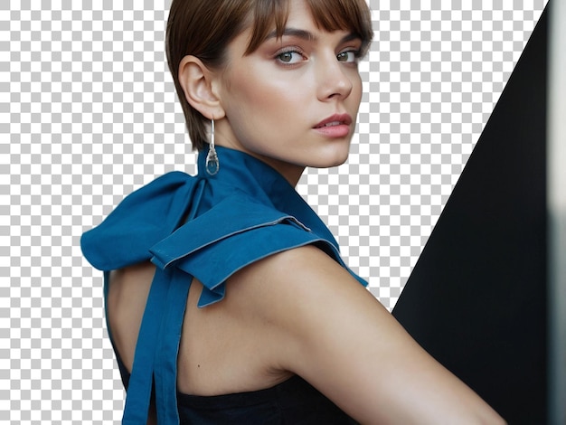 una modella con una sciarpa blu sul collo