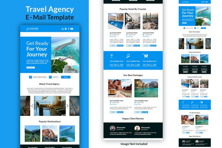 PSD una newsletter di email marketing per le attività di agenzie di turismo di viaggio. interfaccia utente della pagina di destinazione dei viaggi reattiva