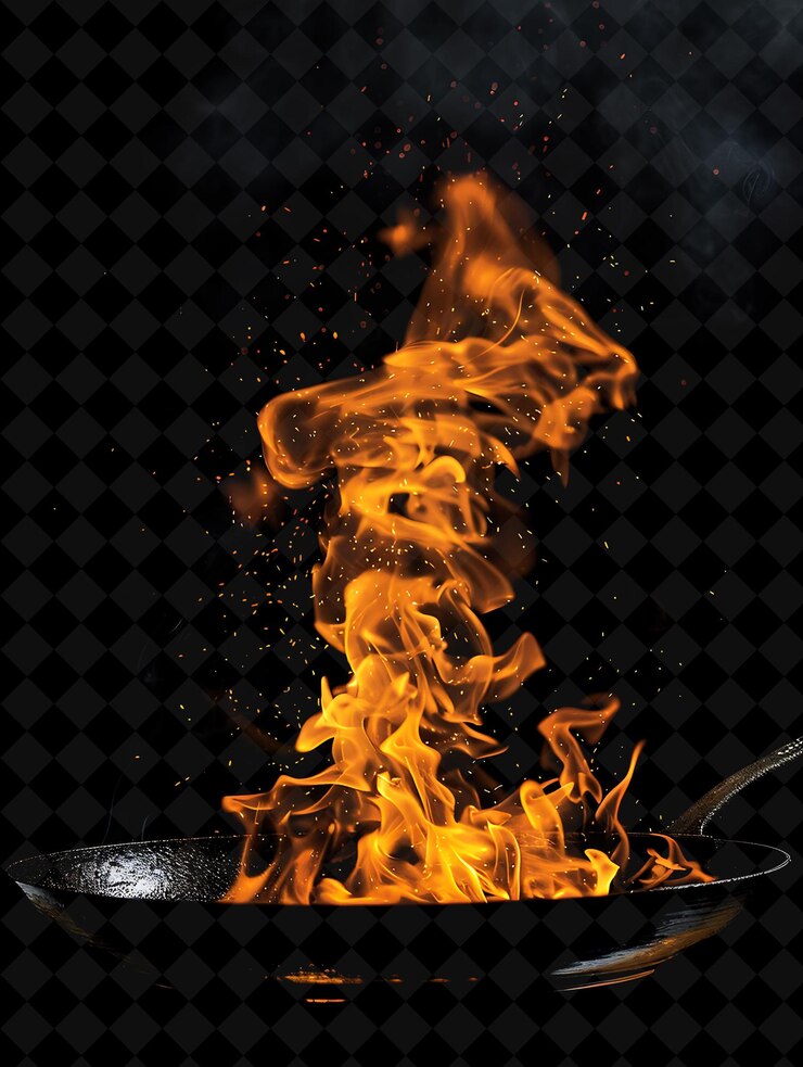 PSD una padella con una fiamma che dice "fuoco" su di essa