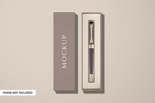 Una penna in una scatola con sopra scritto "mockup".