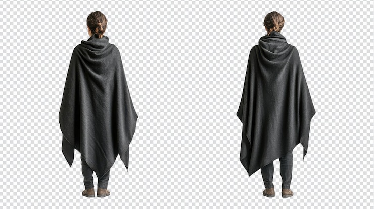 PSD una persona che indossa un mantello nero si trova contro uno sfondo trasparente che mostra il drappeggio e il design del vestito da più angoli