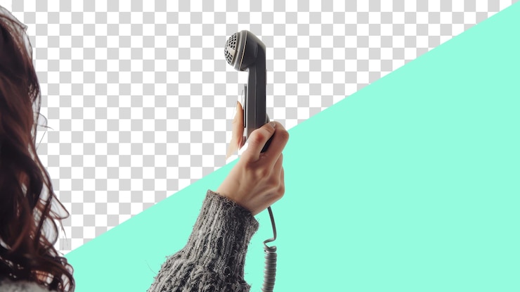 PSD una persona che tiene un telefono di fronte a uno sfondo trasparente