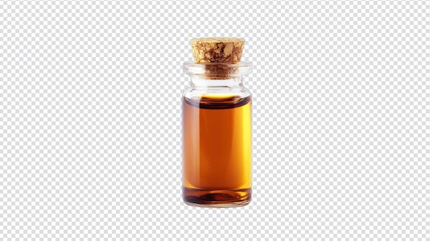 Una piccola bottiglia di olio essenziale con un tappo di sughero perfetta per l'aromaterapia e i progetti a tema benessere presentazioni o materiali di marketing che mostrano prodotti naturali