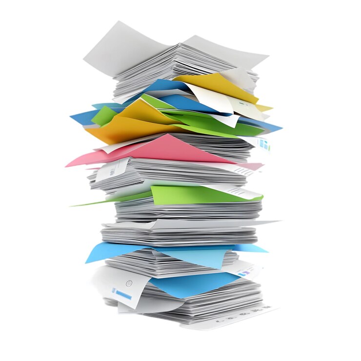 PSD una pila di documenti e file colorati isolati su bianco