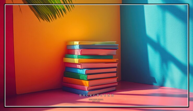 PSD una pila di libri colorati su una superficie rosa con un blu e giallo