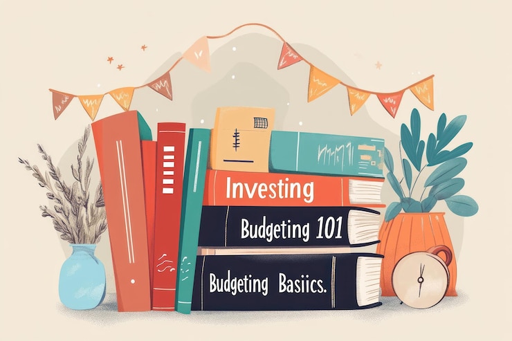PSD una pila di libri di finanza, budget e guide di investimento con bandiere e piante festive.