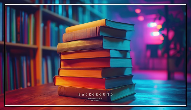 PSD una pila di libri su un tavolo in una biblioteca con scaffali pieni di libri sullo sfondo