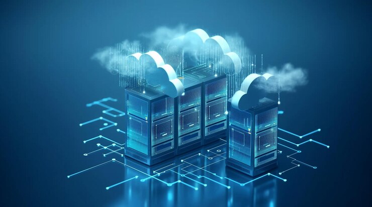 PSD una pila di server hi-tech con icone hi-tech su di essa