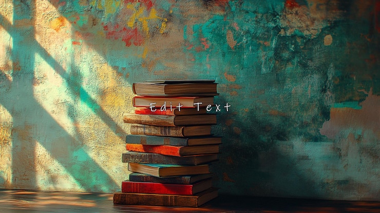 PSD una pila di vecchi libri contro una parete tessuta alla luce del sole
