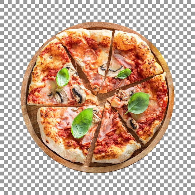 Una pizza con fette tagliate su sfondo trasparente