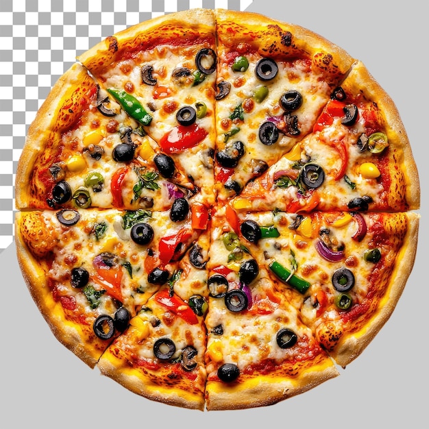 una pizza con funghi di prosciutto e fette di pomodoro in cima centrata su un piatto di legno isolato contro uno sfondo trasparente