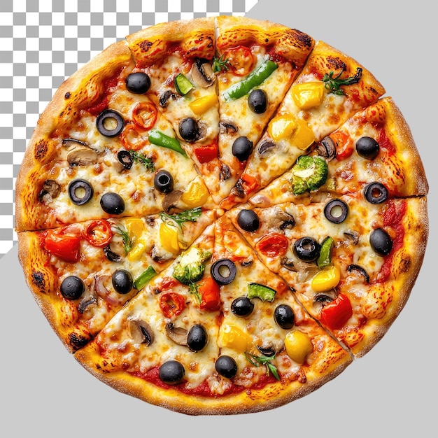 una pizza con funghi di prosciutto e fette di pomodoro in cima centrata su un piatto di legno isolato contro uno sfondo trasparente