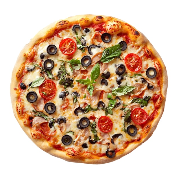 una pizza con olive, pomodori e olive