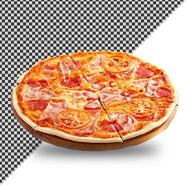 una pizza con prosciutto e formaggio su un piatto di legno