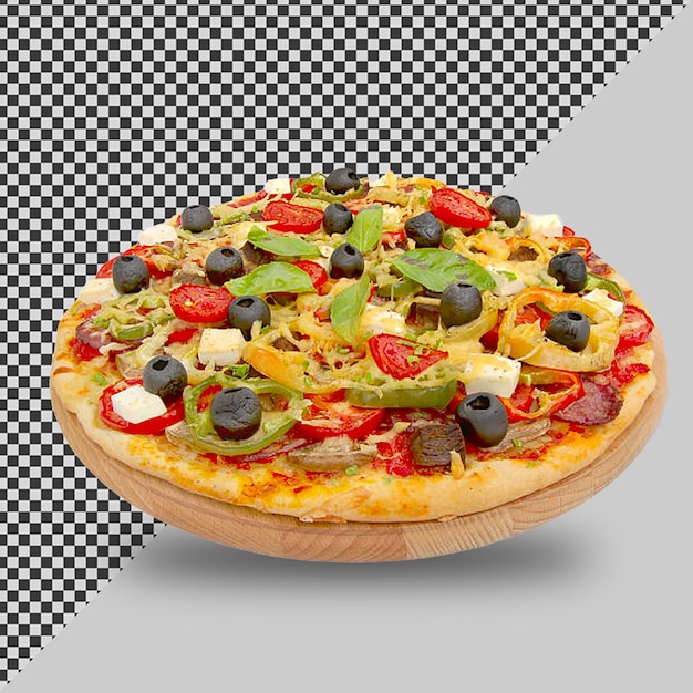 una pizza con un'oliva nera su di essa si siede su un panno a scacchi