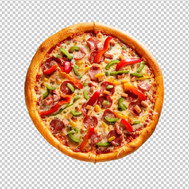 una pizza con un pepperoni, pepe verde e peperoni rossi
