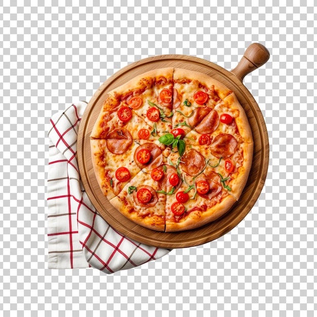 Una pizza su un piatto di legno con un panno su uno sfondo trasparente