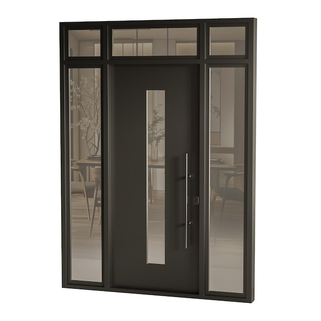 Una porta nera con una finestra di vetro al centro