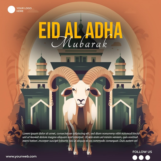 Una pubblicità per eid al adha mura con una capra sullo sfondo.