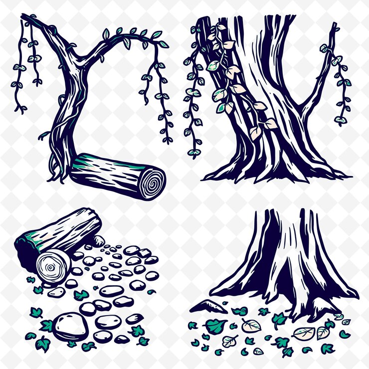 PSD una raccolta di diverse immagini di un albero con un cuore e rami