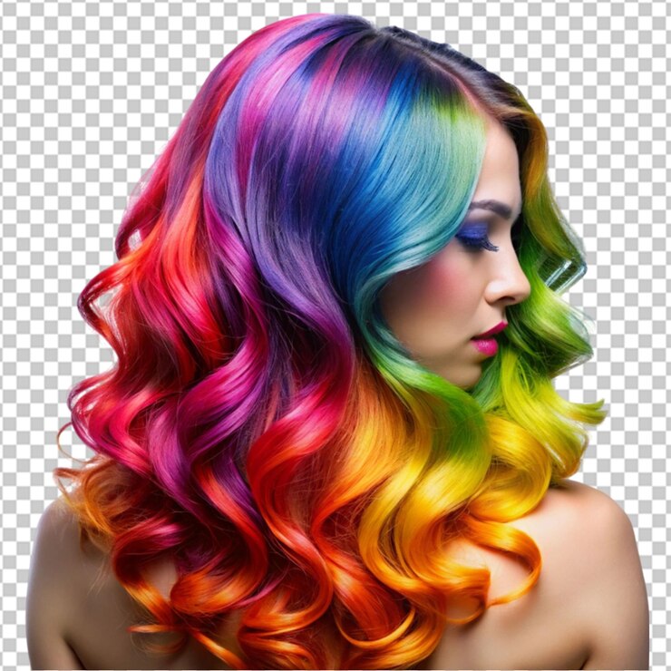 PSD una ragazza con i capelli arcobaleno è in piedi davanti a un muro