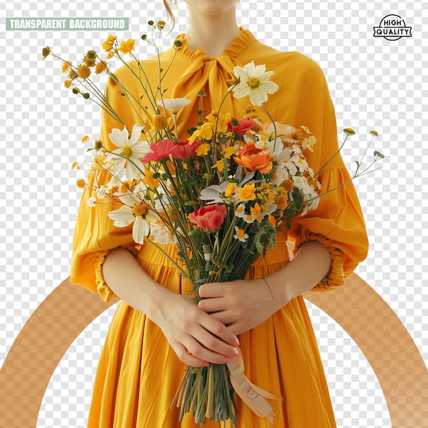 Una ragazza con un vestito giallo che tiene un bouquet di fiori