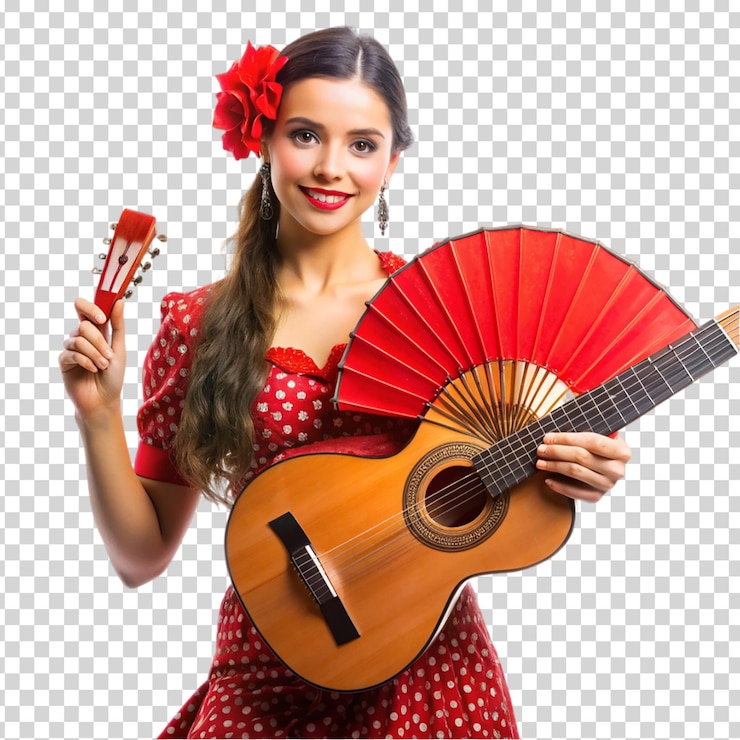 PSD una ragazza con una chitarra e un ventilatore rosso su uno sfondo trasparente