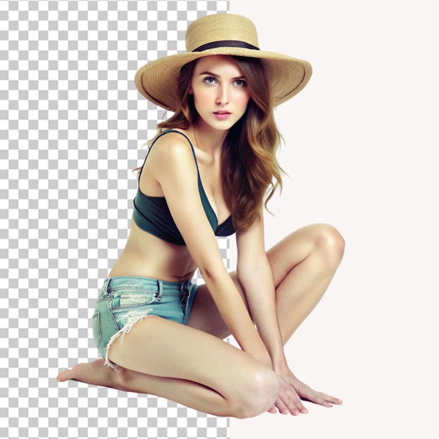 Una ragazza sensuale con un cappello su uno sfondo trasparente