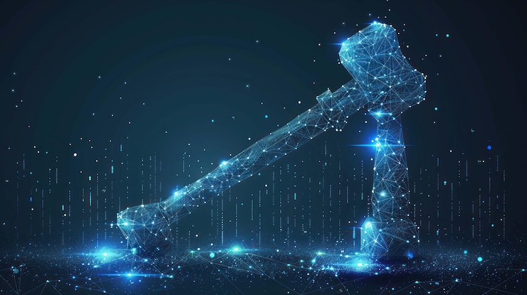 PSD una rappresentazione digitale luminosa di un martello costruito da una rete di punti e linee che simboleggiano l'era digitale della legge