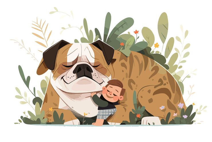 PSD una rappresentazione in stile cartone animato di un bulldog inglese e di un bambino umano