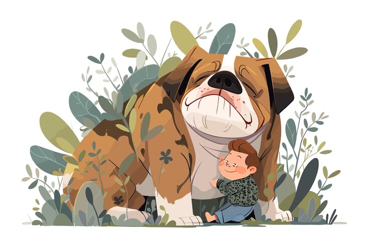 PSD una rappresentazione in stile cartone animato di un bulldog inglese e di un bambino umano